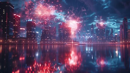 Fototapeta premium Dazzling Fireworks Reflecting in a Captivating City Skyline at Night
