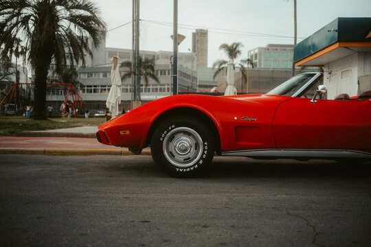 Front wheel of a Classic car, Chevrolet Corvette (C3), Montevideo, Uruguay
