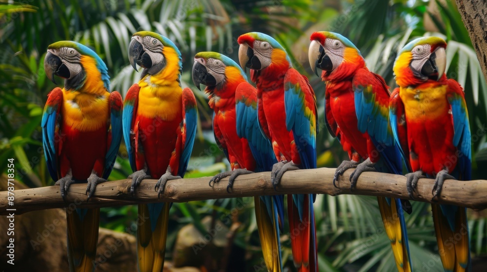 Poster group of colorful macaws perched on a branch, showcasing their vibrant feathers at the zoo