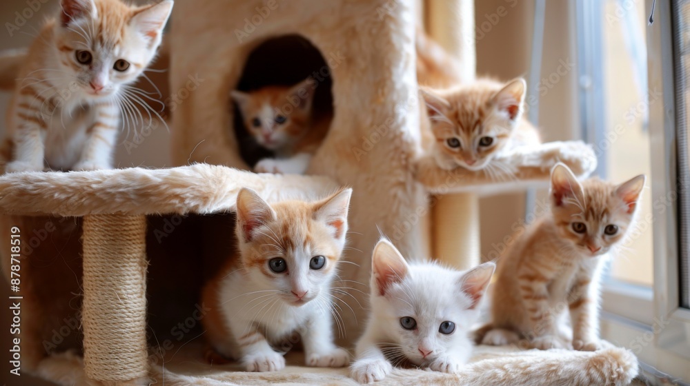 Aufkleber group of kittens playing in and around a multi-level cat house, full of energy and fun.