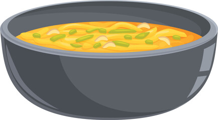 Steaming bowl of delicious chicken noodle soup is being served in a dark grey bowl