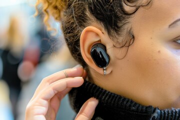 A Close up person using wireless earbuds for virtual assistant commands copy space