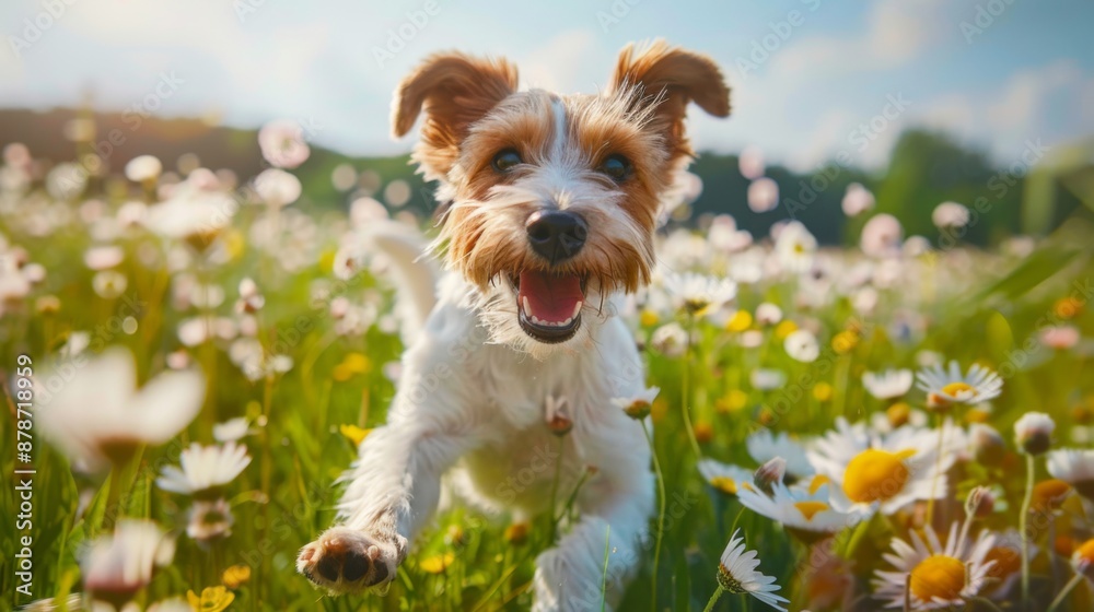 Poster Happy dog running through a flower field, ears flapping in the wind and a joyful expression on its face.