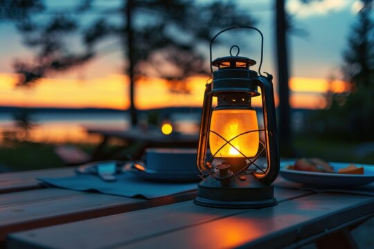 A close-up of a campsite lantern casting a warm glow over a picnic table set for dinner