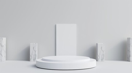 High-resolution 3D rendering of a modern podium on a pristine white background, ideal for showcasing products with a minimalistic touch, focus cover all object