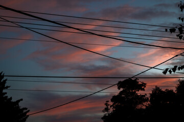 Color sky after sunset with silhouette of electric villages wires and dark trees