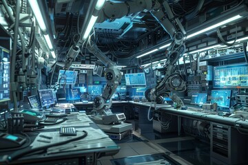 Fototapeta premium A room packed with various electronic gadgets and devices in a high-tech laboratory setting, Conceptualize a high-tech laboratory filled with blinking screens and robotic arms