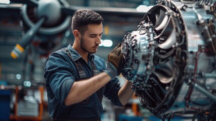 Focused mechanic inspecting aircraft engine in factory