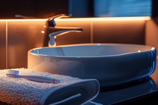 A toothbrush placed on a soft, folded towel next to a modern, sleek sink, illuminated by soft lighting.