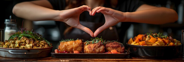 Hands making a heart over dishes on a table, conveying love and gratitude for the food. Concept of Thanksgiving celebration