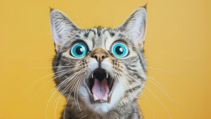 Close-up of a surprised cat with wide eyes and open mouth against a vibrant colorful background, capturing a moment of feline shock