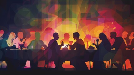 Silhouettes of people dining in a warmly lit restaurant