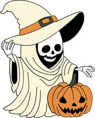 Retro Cute Ghost Halloween with Pumpkin