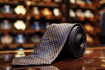 A luxury silk tie with a backdrop of a high-end men's fashion store