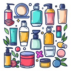 Central arrangement of beauty product icons in a clean style, designed for advertising isolation on white