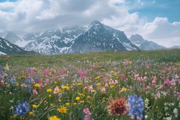 Obraz premium A field of flowers with a mountain in the background
