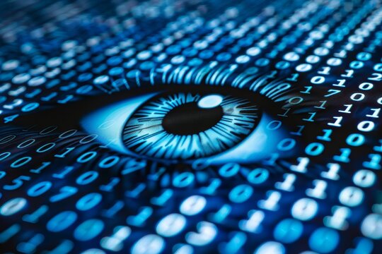 Close up view of a blue eye displayed on a computer screen, highlighting digital eye tracking technology, Conducting regular data protection audits to ensure compliance