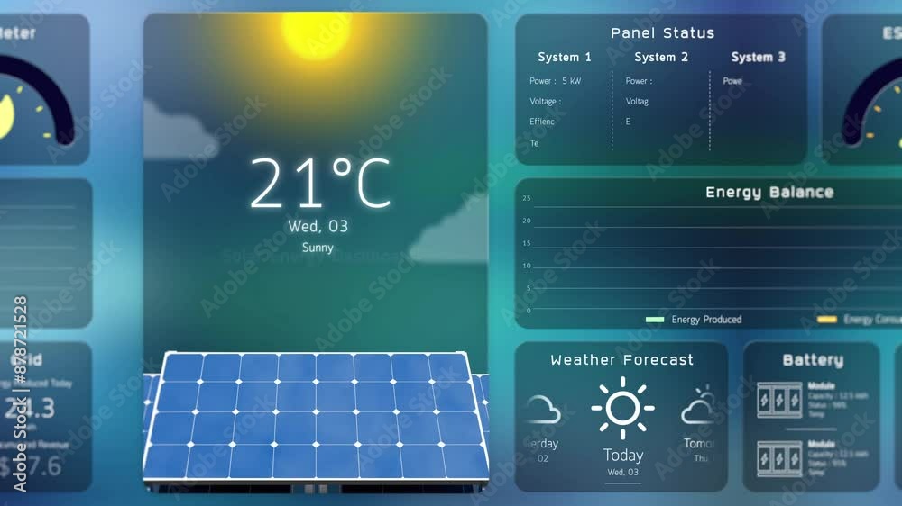 Wall mural solar power monitoring system, digital infographic data of green energy management app dashboard, cl