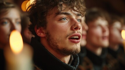Many people standing in a row with candles, choir singers