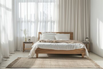 minimalist bedroom with an elegant wooden bed, white bedding, and soft fluffy pillows arranged in front of large windows with sheer curtains