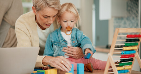 Toddler, playing and counting with abacus in home for growth, child development and learning for motor skills. Baby, family and toy for math education, skill or fun for cognitive ability or curiosity