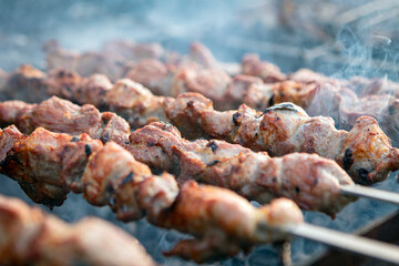 Shish kebab roasting on the grill. Cooking shish kebab on skewers. Meat on the barbecue.