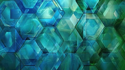 An abstract background of geometric patterns with translucent layers, featuring interlocking hexagons in shades of blue and green, each layer slightly transparent 