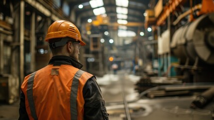 Obraz premium Industrial worker in safety gear looking at machinery in factory
