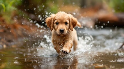 Golden retriever puppy runs through water