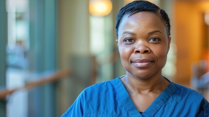 Fototapeta premium Smiling female healthcare worker in hospital corridor