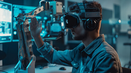 In a modern laboratory, an engineer is seen wearing a VR headset and headphones while operating a robot arm. This showcases advanced technology and digital involvement in innovation