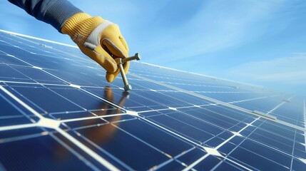 Close up of worker hand in glove holding a hex key, installing photovoltaic solar panel with blue sky on background. Electrician mounting solar photovoltaic panel system. Concept of alternative energy
