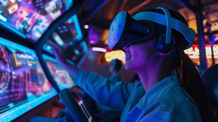 A person experiencing an augmented reality theme park ride with dynamic environments
