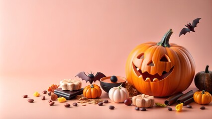 Halloween banner copy space with halloween pumpkin, bat, chocolate, spooky item frame isolated on soft pink background