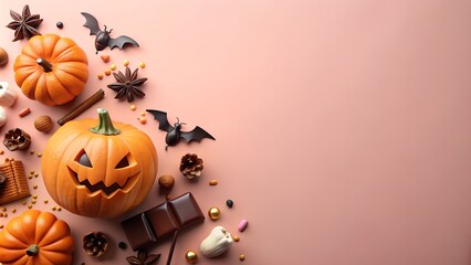 Halloween banner copy space with halloween pumpkin, bat, chocolate, spooky item frame isolated on soft pink background