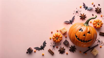 Halloween banner copy space with halloween pumpkin, bat, chocolate, spooky item frame isolated on soft pink background