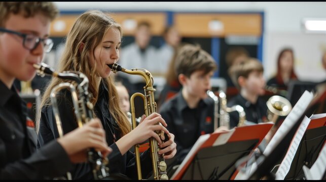 Young musicians playing saxophones in a school band