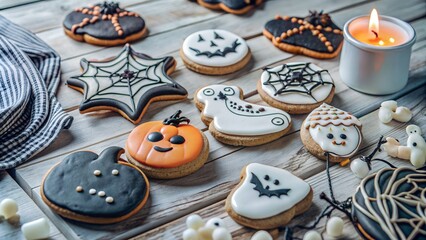 Obraz premium Halloween - themed cookies arranged on a rustic wooden table