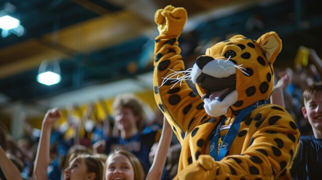 Cheering jaguar mascot at a high school basketball game