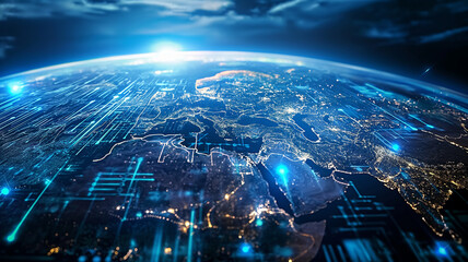 Under the cover of night, Earths luminous digital networks epitomize modern technology, creativity, and global connectivity envisioning an innovative and interconnected futuristic world