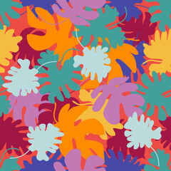Naklejka premium Monstera leaves silhouette seamless pattern. Doodle vector illustration. Perfect for T-shirt, textile and fabric.