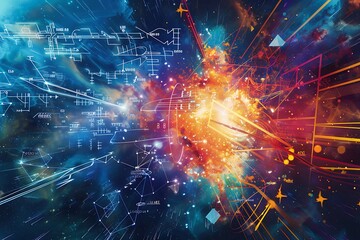 A mathematical explosion with equations, symbols, and geometric shapes twisting and morphing in a visual representation of complex ideas.