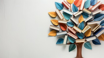 International literacy day concept with tree with books like leaves. Literacy, education, knowledge concept with color books on tree on white background, focus cover all object