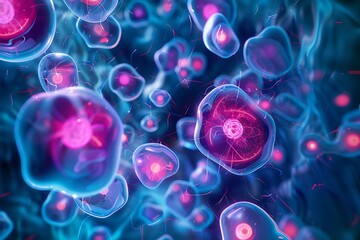 A matrix of glowing abstract cells, each multiplying in a display of vitality