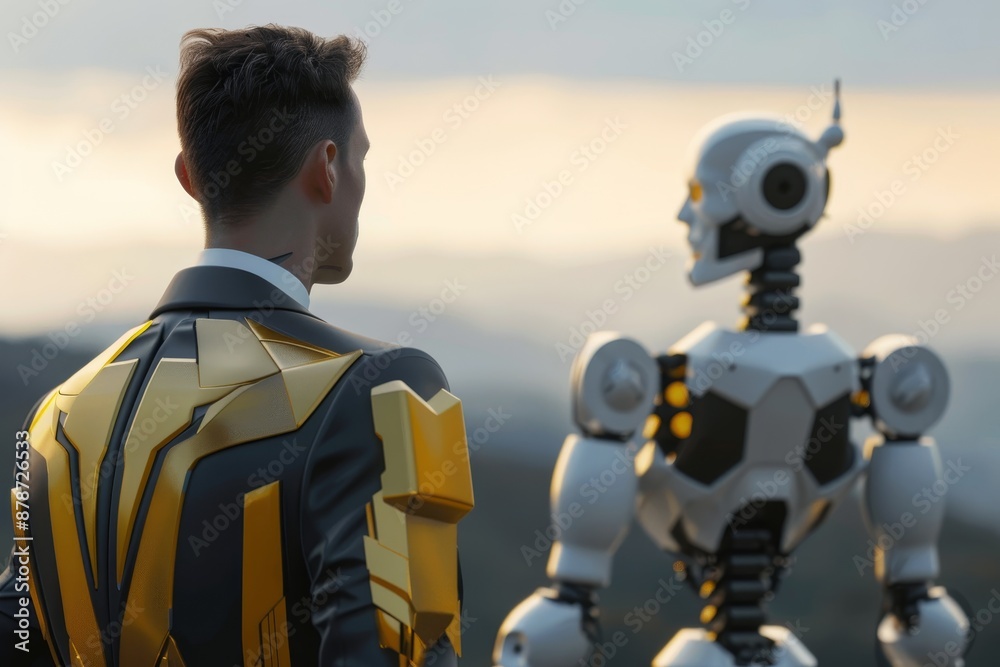 Canvas Prints A man stands next to a robot in a field, showcasing the interaction between human and artificial intelligence, Conveying the power of AI in decision-making