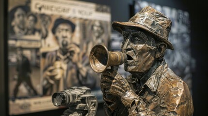 Fototapeta premium Bronze sculpture of a man holding a megaphone in front of a photo of jazz musicians