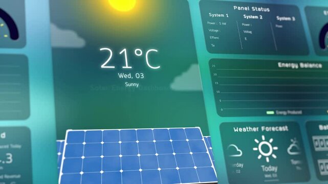 Solar power monitoring system, digital infographic data of green energy management app dashboard, clean renewable electricity technology, Net zero carbon emission home IoT user interface 3d rendering