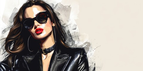 A woman wearing sunglasses and a black leather jacket, with red lipstick, looking over her shoulder