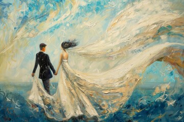 A painting depicting a bride and groom holding hands, symbolizing unity and love on their wedding day, Conveying the shared dreams, goals, and aspirations of a marriage