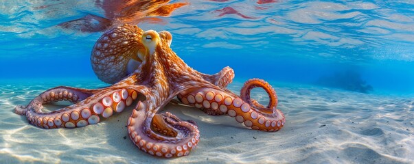 Fototapeta premium A stunning image of a vibrant octopus swimming gracefully underwater, showcasing its colorful tentacles and dynamic movements in a serene aquatic environment.